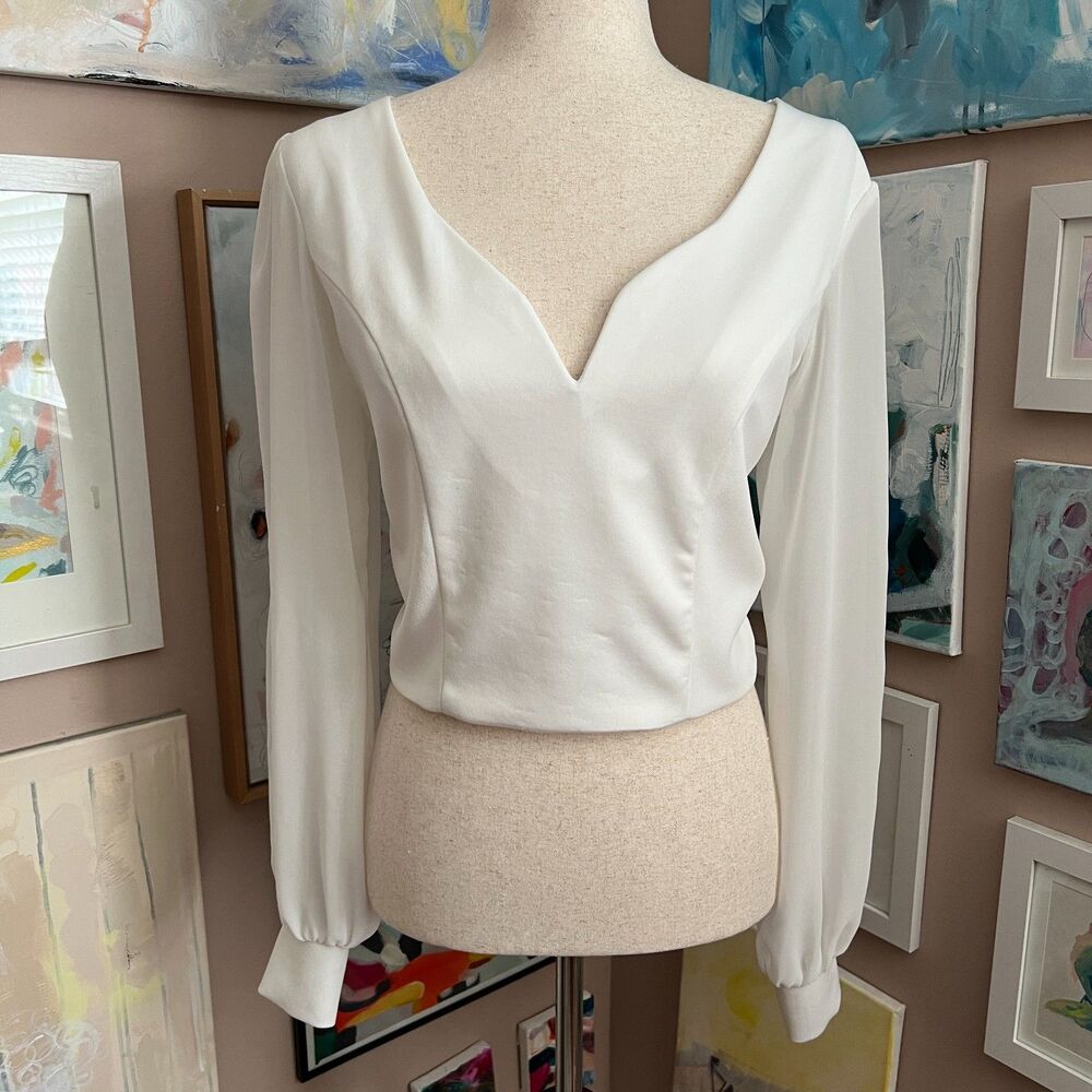 Willow & Root White Tie Back Crop Blouse Long Sleeve Romantic Top Bridal Size M